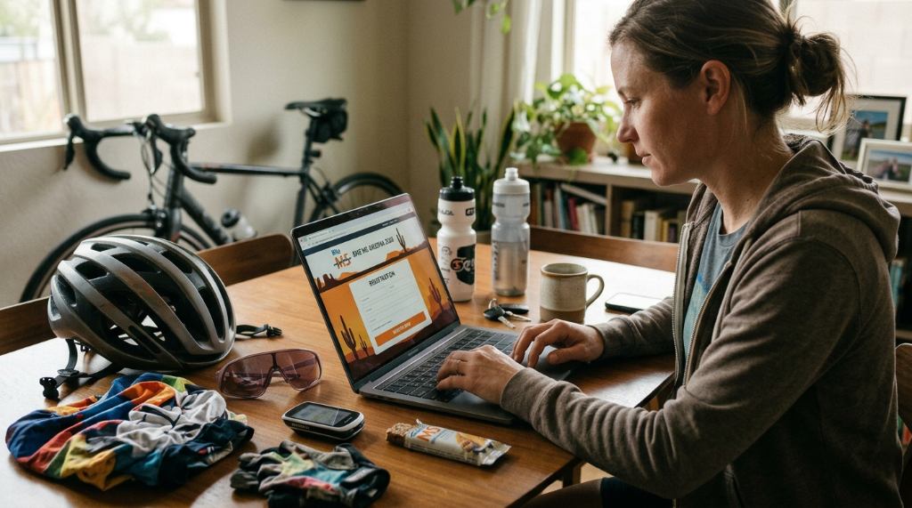 Rider registering for Bike MS Arizona 2026 on laptop with cycling gear on table nearby