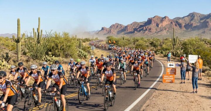 Cyclists riding through Arizona desert landscape during Bike MS Arizona 2026 charity event