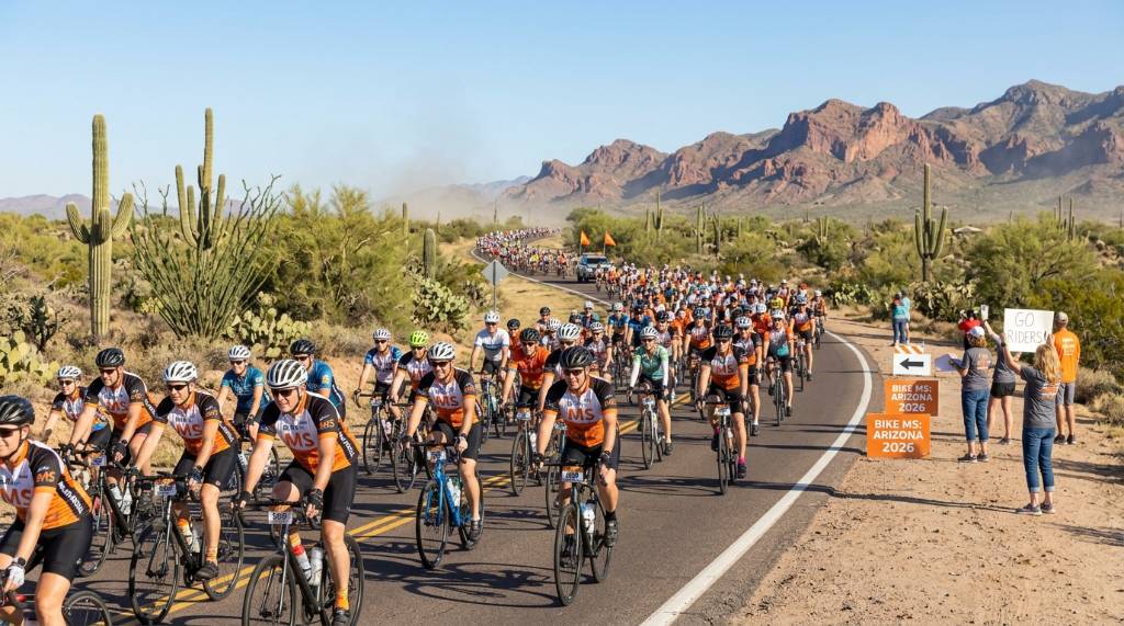 Cyclists riding through Arizona desert landscape during Bike MS Arizona 2026 charity event