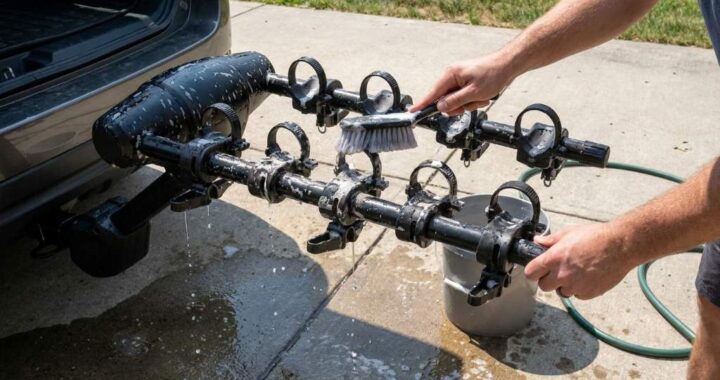 Cleaning a Thule bike rack with a soft brush and soapy water