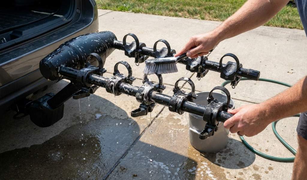 Cleaning a Thule bike rack with a soft brush and soapy water