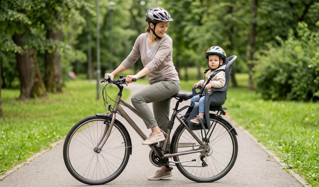 Close-up of baby bike seat footrests and spoke guard on a rear wheel