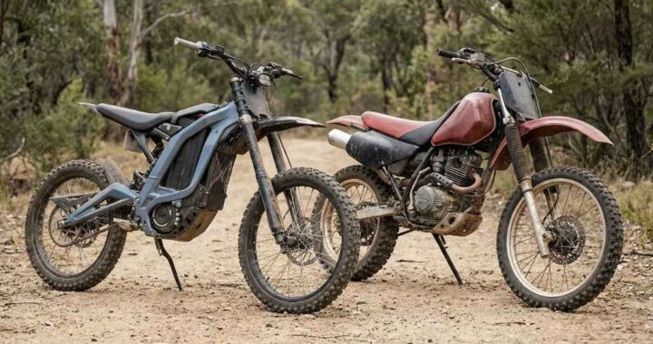 Electric dirt bike vs gas dirt bike comparison on an off road trail.