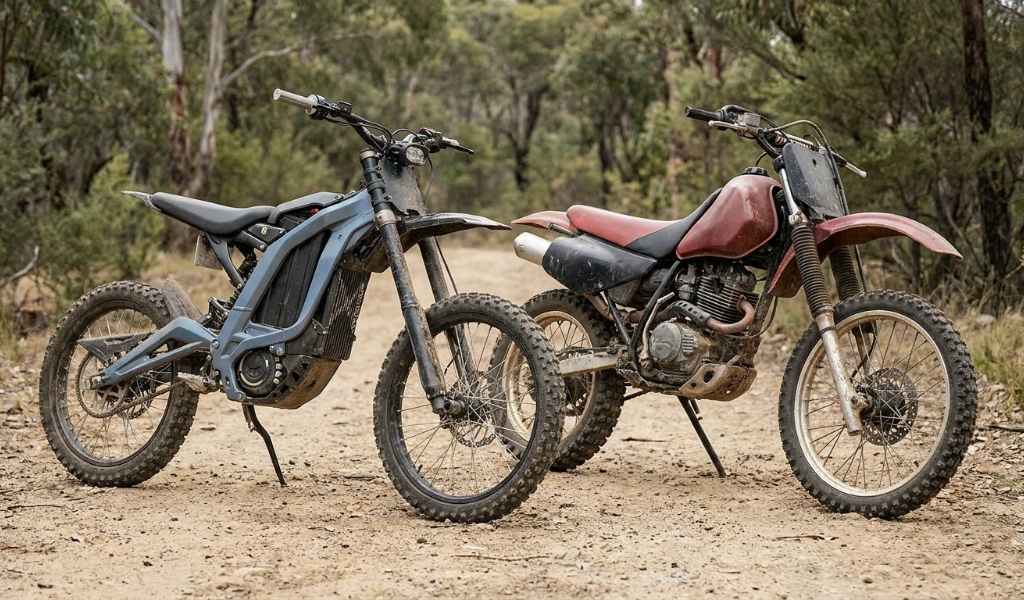 Electric dirt bike vs gas dirt bike comparison on an off road trail.