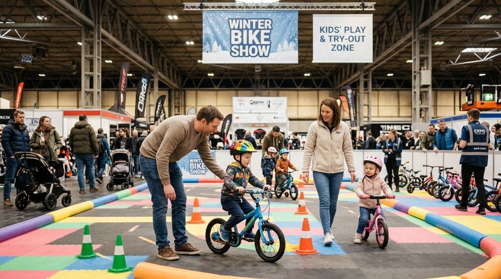 Family trying out kids' bikes in a play zone at a winter bike show