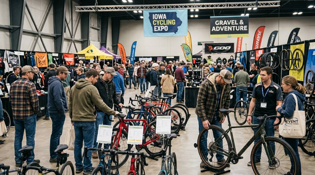 Visitors browsing new road and gravel bikes at an indoor cycling expo in Iowa