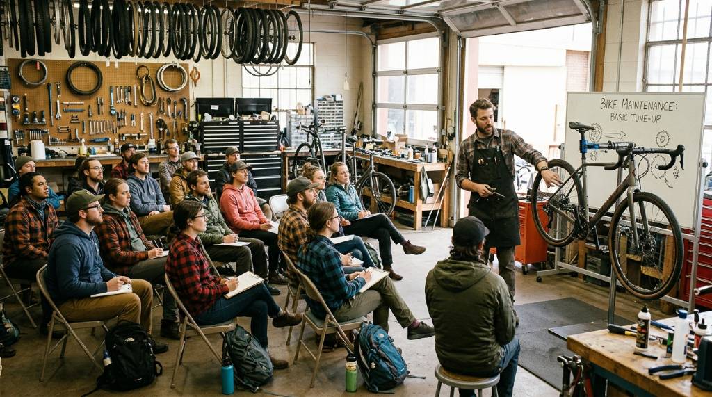 Speaker presenting a bike maintenance workshop to a seated audience