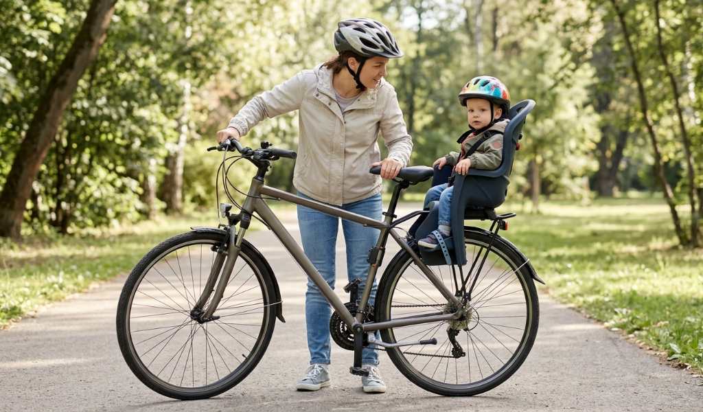 Parent riding a bicycle with a securely fastened child on a safe path