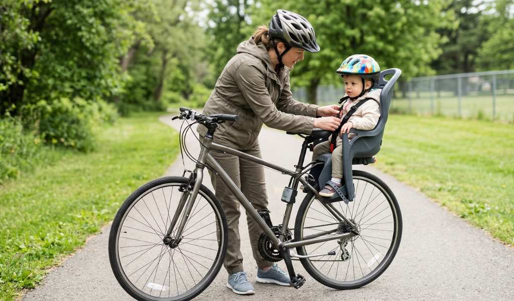 Rear mounted baby bike seat with secure footrests and safety buckles