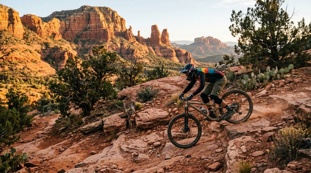 Mountain biker descending a rocky trail in Sedona Arizona with red sandstone formations in the background