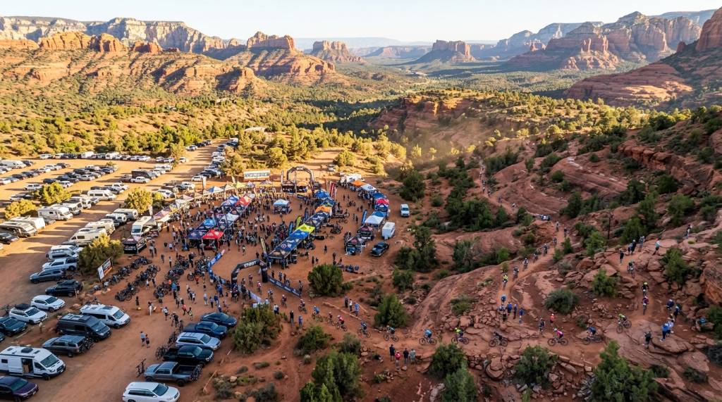 Aerial view of Sedona red rock trails with mountain bikers riding during the 2026 festival weekend
