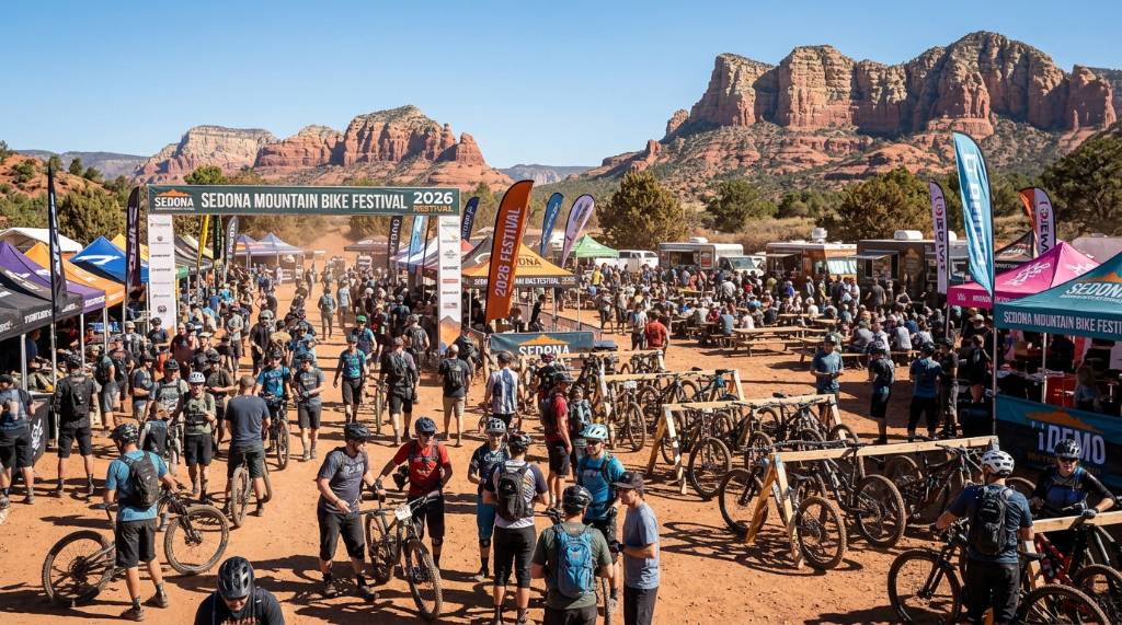 Crowd of mountain bikers gathered at the Sedona Mountain Bike Festival 2026 main event hub