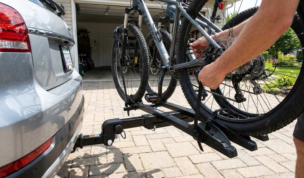 Thule bike rack mounted on a car for bicycle transportation