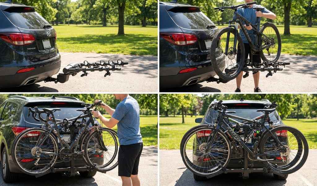Thule four bike rack setup with bikes mounted securely