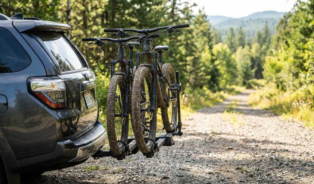 Thule roof bike rack securing a bicycle for road trips