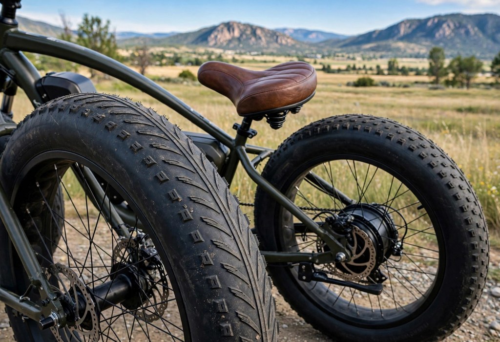 Close view of wide balloon tires and a cushioned saddle on an electric cruiser