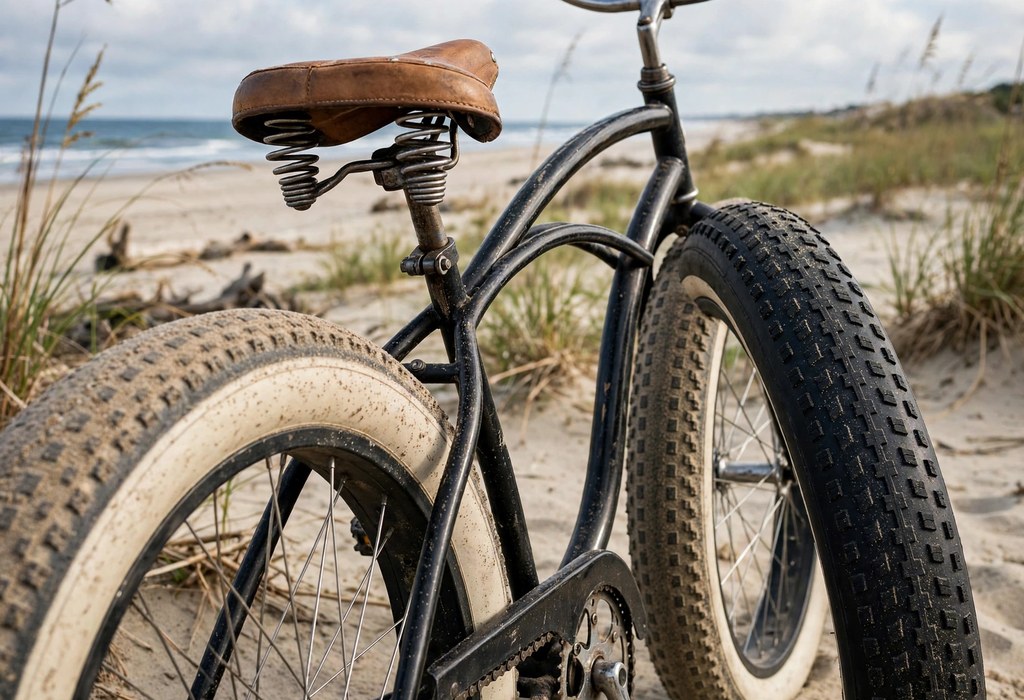 Close view of wide balloon tires and a sprung saddle on a beach cruiser bike