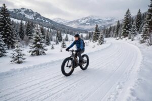 Beginner rider staying seated while crossing a groomed snow trail on a fat tire bike