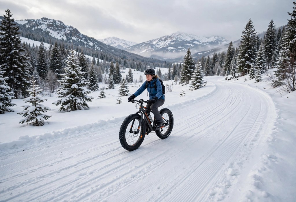 Beginner rider staying seated while crossing a groomed snow trail on a fat tire bike