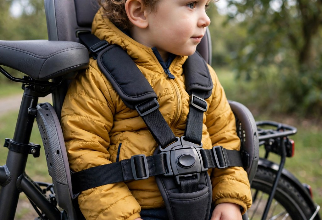 Child secured with a 5-point harness in a rear-mounted baby bike seat