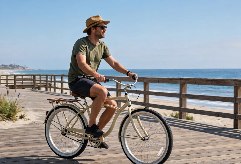 Rider cruising on a classic beach cruiser bike along a sunny boardwalk near the ocean