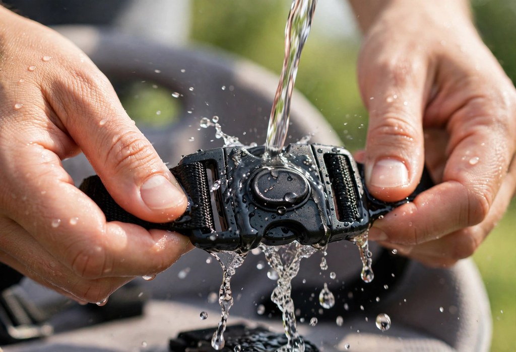 Close-up of a baby bike seat buckle being rinsed with warm water