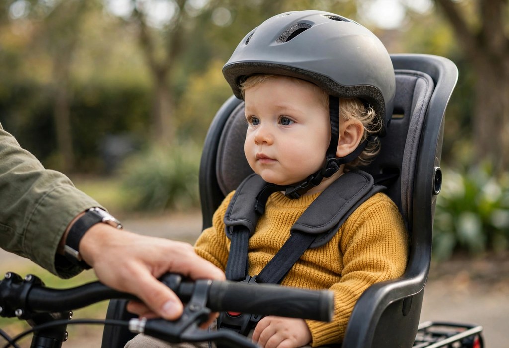Close-up of a baby wearing a helmet in a bike seat while a parent holds the handlebars