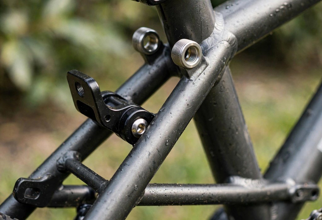 Close-up of rear rack mounts and threaded eyelets on a bicycle frame