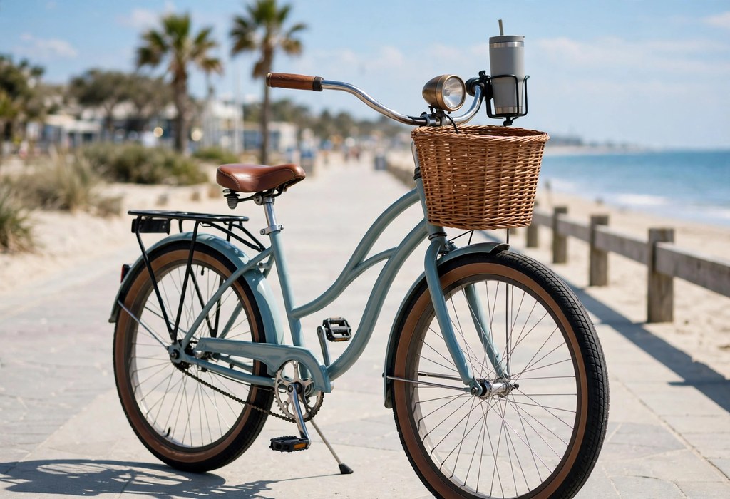 Beach cruiser bike with a wicker basket, rear rack, headlight, and cup holder parked on a sunny beach promenade