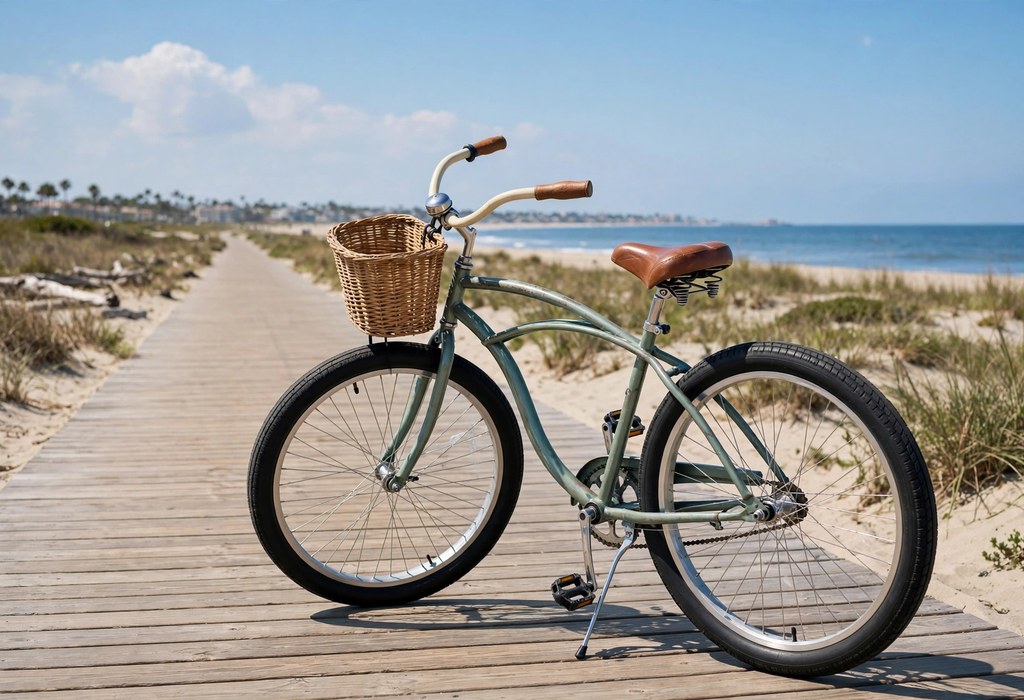 Beach cruiser bike frame and 26-inch wheels parked on a sunny boardwalk path