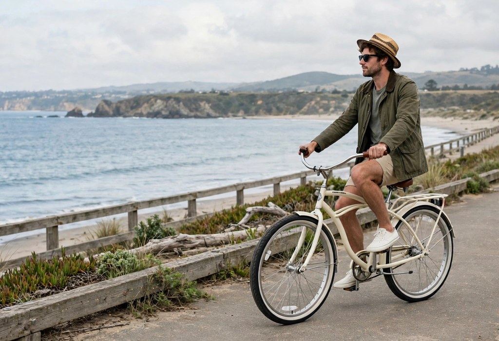 Rider on a beach cruiser bike pedaling slowly along a flat seaside promenade