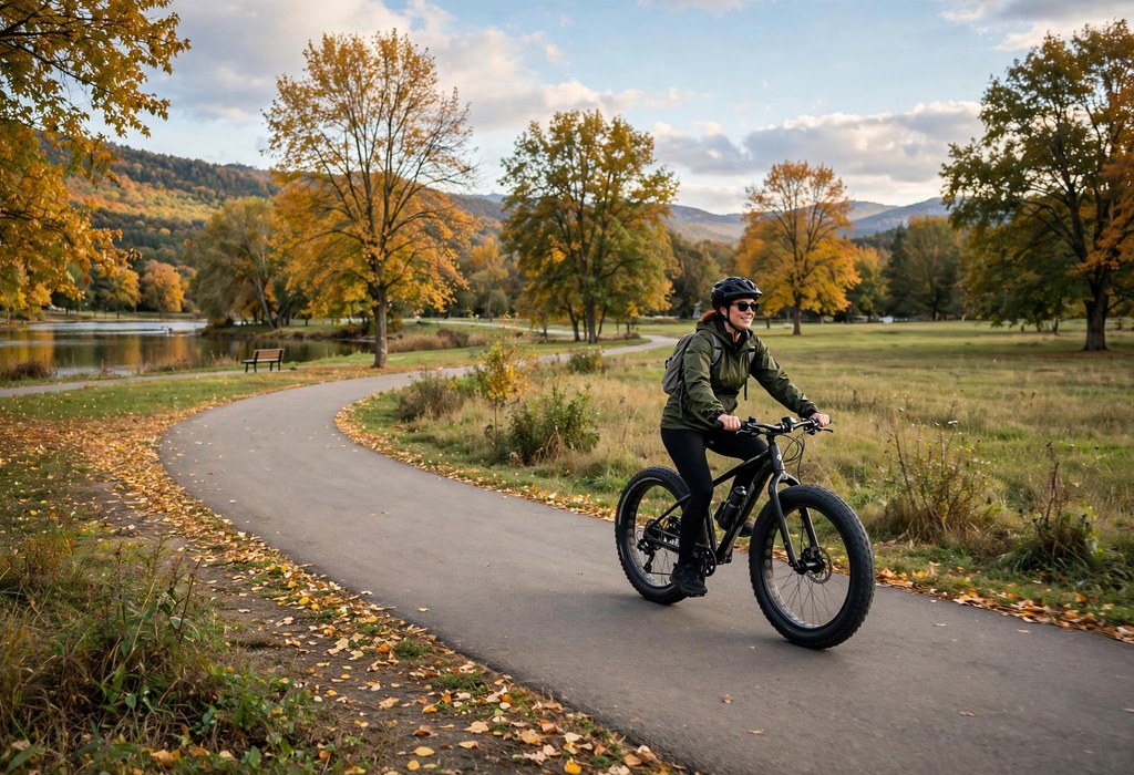 Recreational rider cruising on a fat tire bike along a smooth park path