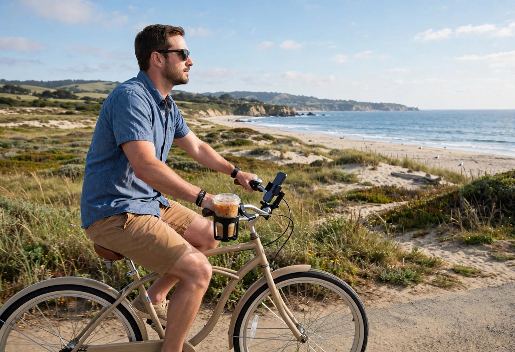 Cruiser bike accessories in use: rider using a cup holder and phone mount on a beach cruiser handlebar