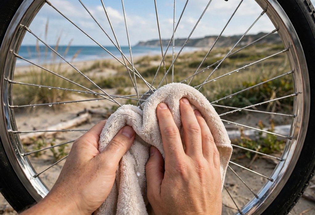Salt air rust prevention: hands drying chrome beach cruiser spokes with a soft microfiber towel