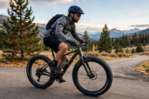 Rider pedaling a fat tire bike quickly along firm pavement at steady cadence