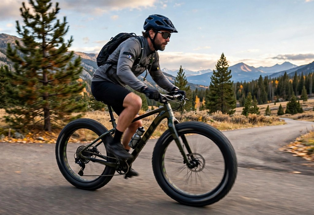 Rider pedaling a fat tire bike quickly along firm pavement at steady cadence