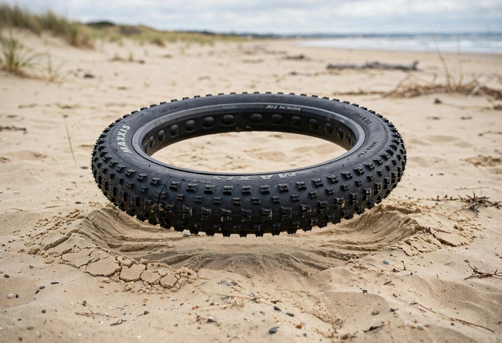 Fat bike tire floating over beach sand beside a narrow mountain bike track