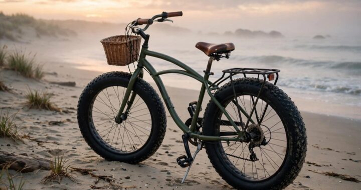 Fat tire beach cruiser bike with extra wide tires standing on a sandy beach at sunrise