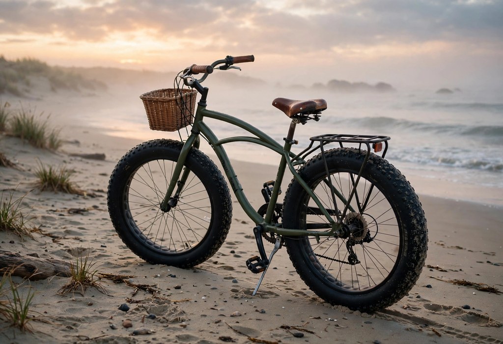 Fat tire beach cruiser bike with extra wide tires standing on a sandy beach at sunrise