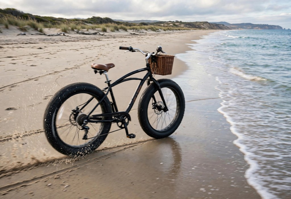 Fat tire beach cruiser bike rolling across firm packed sand near gentle waves
