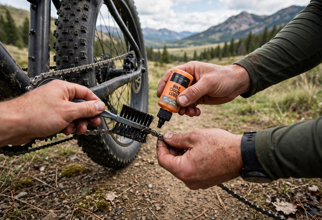 Close view of hands cleaning and lubricating a fat bike chain