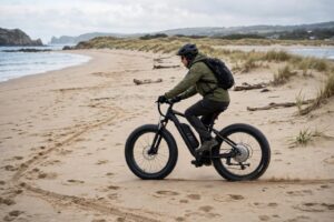 Electric fat tire bike with rear hub motor riding across sandy beach terrain