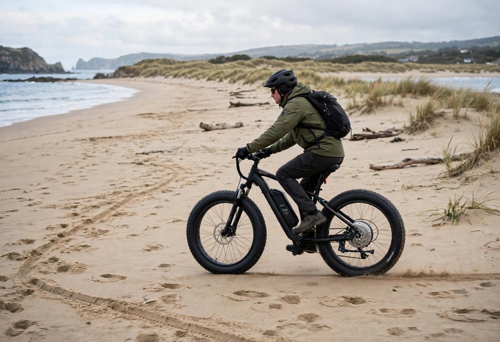 Electric fat tire bike with rear hub motor riding across sandy beach terrain