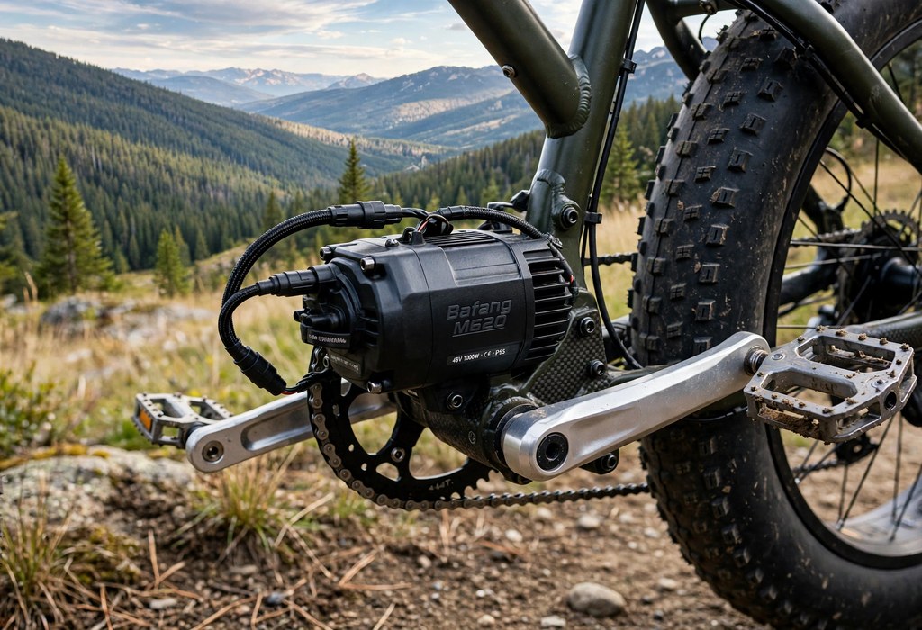 Close view of mid-drive motor and cranks on an electric fat tire bike