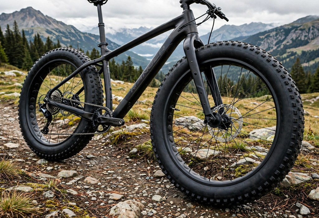 Wide fat bike wheels with knobby tires fitted to a new frame