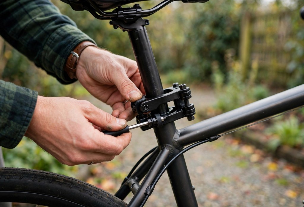 Parent clamping a frame-mounted baby bike seat bracket onto the seat tube