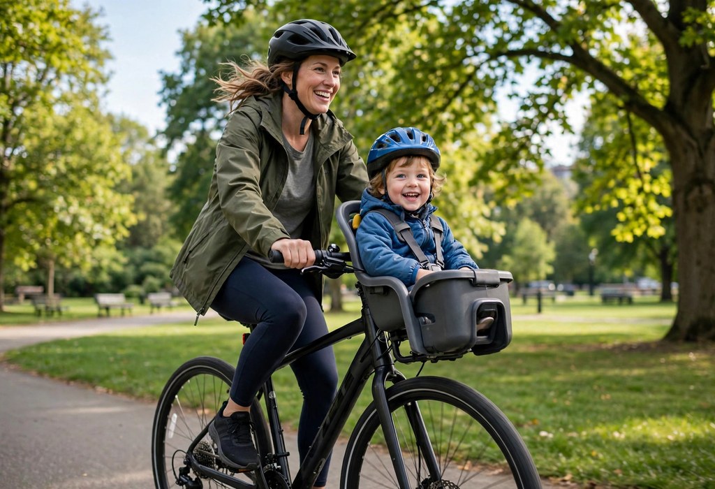 Parent cycling with a smiling child in a front-mounted baby bike seat