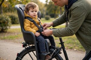 Parent fastening a 5-point harness on a baby bike seat