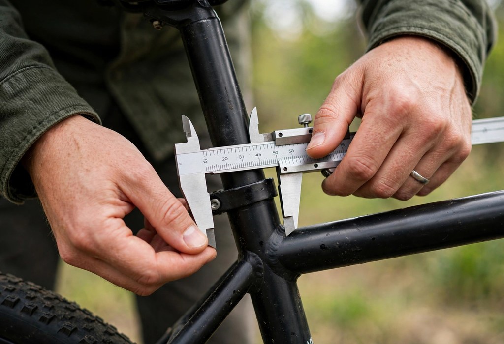 Parent measuring seat tube diameter with a caliper for baby bike seat compatibility