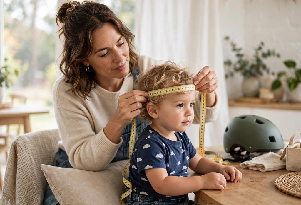 Parent measuring toddler's head circumference with a soft tape measure